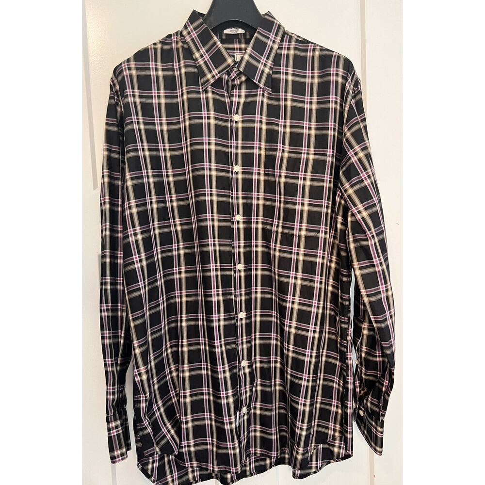 Peter Millar Dress Shirt Size LARGE Black Purple Tan Long Sleeve 100% Cotton